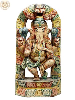 18" Wooden Colorful Dancing Lord Ganesha with Kirtimukha | Statue Plus Wall Hanging