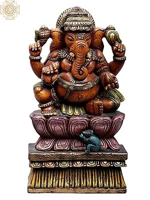 Wooden Ganesha Statue: 18" Four Hands Seated on Lotus