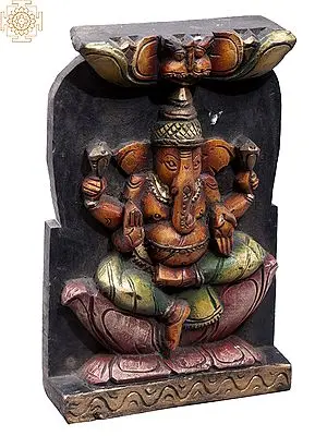 12" Seated Ganesha Wooden Idol on Lotus - Wall Hanging Statue