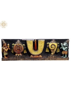 18" Wooden Vaishnava Symbols (Chakra, Tilak & Conch) with Hanuman and Garuda Panel