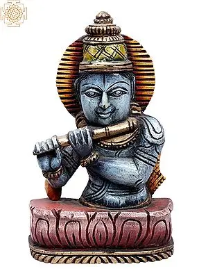 Lord Krishna Bust Playing Flute - 10 Inch Wood Carving