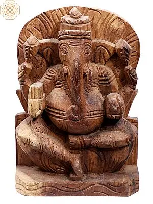 Wooden Chaturbhuja Lord Ganesha Statue - 7 Inch Sitting