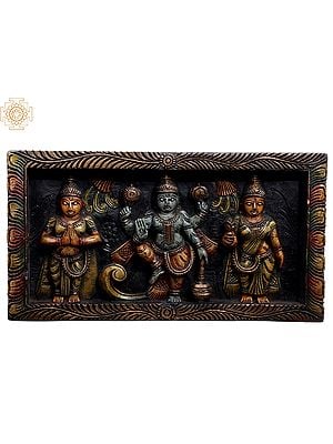 17" Wooden Lord Vishnu with Sridevi and Bhudevi Wall Panel