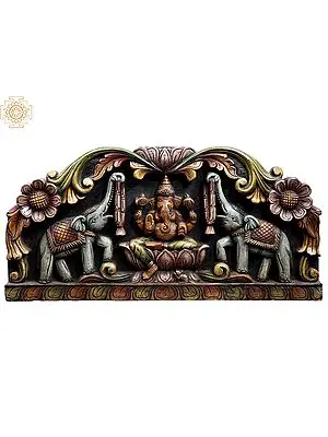 Hand-Carved Wooden Ganesha Panel with Elephants - 24" Height