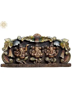 24" Carved Wood Wall Art: Multiple Ganesha Deities