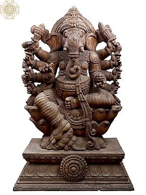 72" Large Wooden Ten Hands Sitting Lord Ganesha