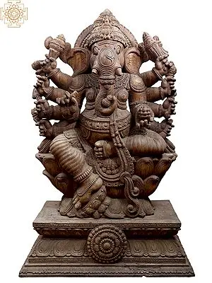 Large Wooden Ten Hands Sitting Lord Ganesha Idol