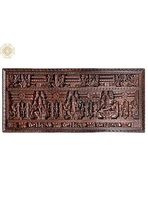 84" Large Wooden Panel: Lakshmi, Ganesha & Saraswati Divine Trinity