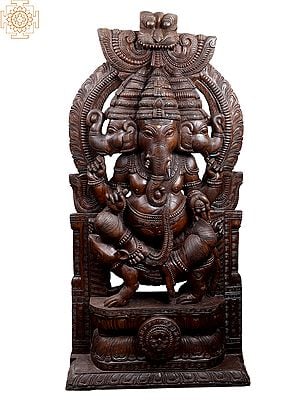 83" Large Wooden Three Heads Lord Ganesha Seated on Rat with Kirtimukha