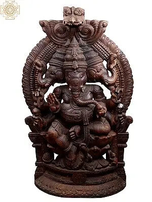 72" Large Wooden Three Heads Sitting Lord Ganapati Idol with Kirtimukha