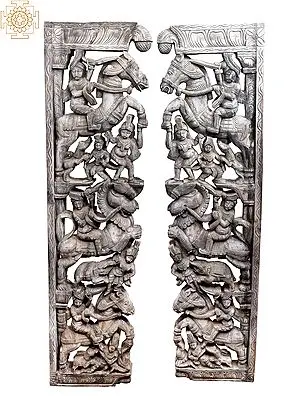 71" Large Wooden Relief Carved Panels with Horse Riders