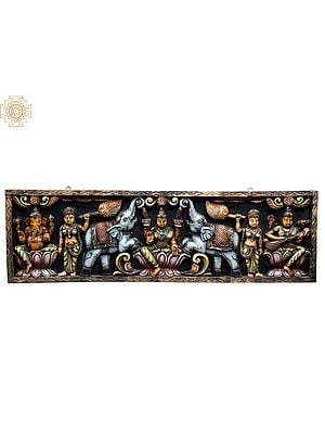 36" Large Wooden Gaja Lakshmi with Ganesha & Saraswati Wall Panel