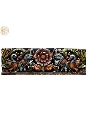 36" Large Wooden Elephants Wall Panel Framed by Peacocks