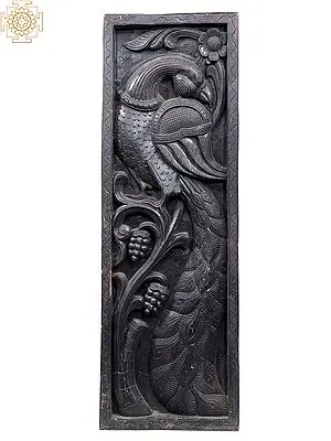 Carved Wooden Peacock Wall Art - 36 Inch Panel