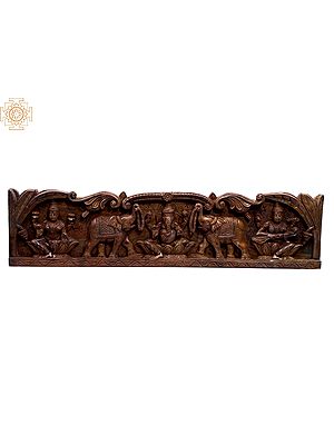 35" Large Wooden Gaja Ganesha with goddess Lakshmi & Goddess Saraswati Panel