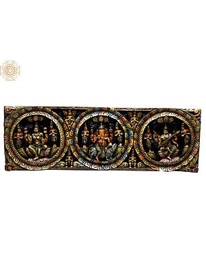 36" Large Wooden Lakshmi, Ganesha & Saraswati Panel