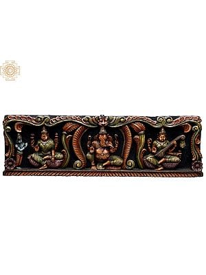 29" Wooden Sitting Lakshmi, Ganesha, Saraswati Wall Panel