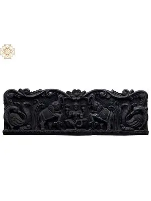 Hand-Carved Wooden Wall Panel: Gaja Lakshmi with Elephants and Peacocks