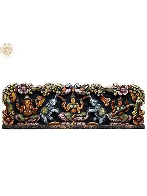 36" Large Wooden Gaja Lakshmi with Ganesha and Saraswati Wall Panel