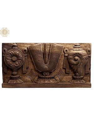 24" Wooden Vaishnava Symbols (Chakra, Tilak and Conch) Wall Panel