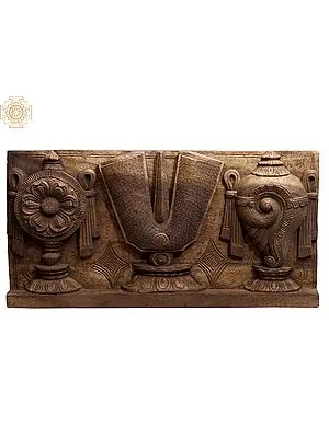 24" Wooden Vaishnava Symbols (Chakra, Tilak, Conch) Wall Panel