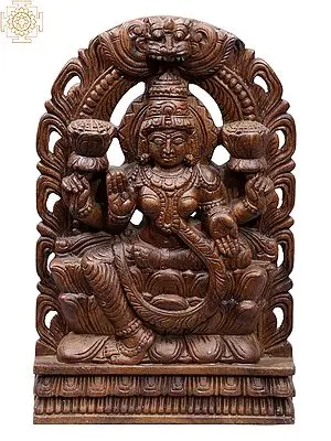 16" Wooden Statue of Sitting Goddess Lakshmi with Kirtimukha