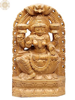 12" Wooden Devi Lakshmi Seated on Lotus with Kirtimukha