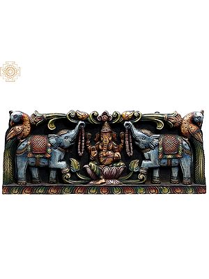 24" Wooden Gaja Ganesha Wall Panel Framed by Peacocks