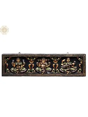 24" Wooden Lakshmi Ganesh Saraswati Seated on Lotus Wall Panel