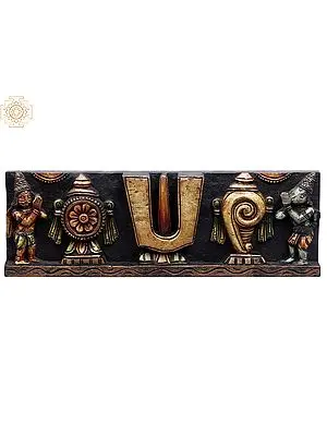 18" Wooden Vaishnava Symbols (Chakra, Tilak and Conch) Wall Panel with Garuda & Hanuman