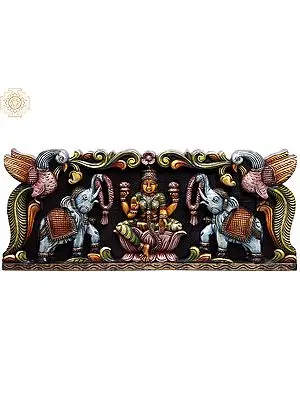 29" Wooden Colorful Gaja Lakshmi Panel Framed by Peacocks
