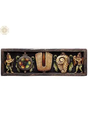 24" Wooden Vaishnava Symbols (Chakra, Tilak & Shankh) with Hanuman and Garuda Wall Panel