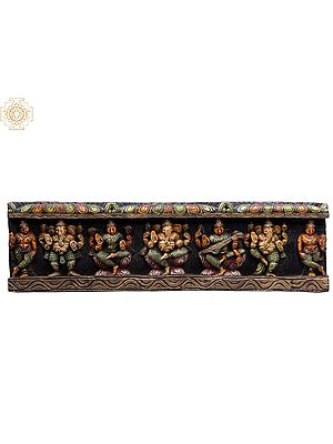 28" Wooden Lord Ganapati with Devi Lakshmi and Devi Saraswati Wall Panel