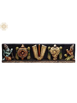 24" Wooden Chakra, Tilak and Conch (Vaishnava Symbols) with Hanuman & Garuda Panel