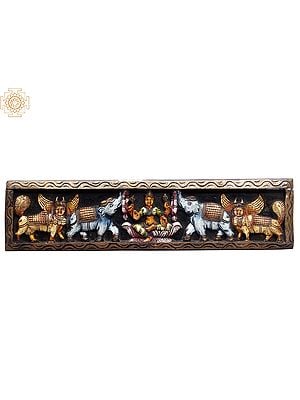24" Gaja Lakshmi with Kamadhenu Cow in Wooden Wall Panel