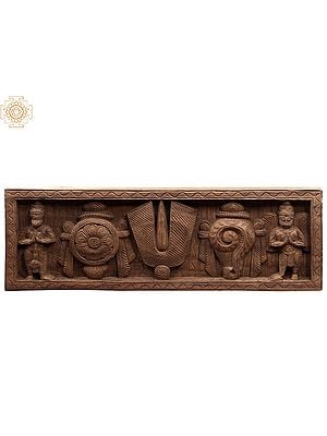 24" Wooden Vaishnava Symbols (Chakra, Tilak & Conch) with Hanuman and Garuda Wall Panel
