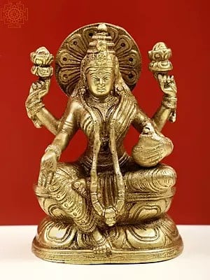 6" Four Armed Goddess Lakshmi with Wealth Pot In Brass