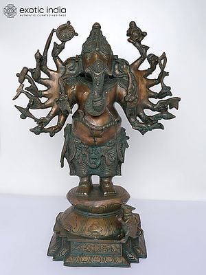 Sixteen-Armed Vira-Ganesha Brass Statue | Exquisite Handmade Craft | Symbol of Strength