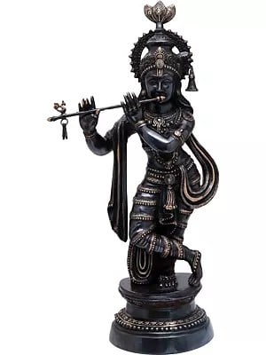 35" Large Size Lord Krishna Playing Flute In Brass