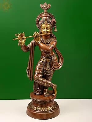 35" Large Size Lord Krishna Brass Idol Playing Flute