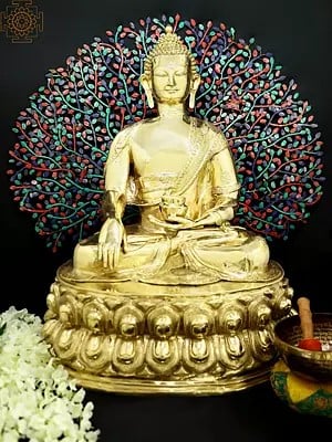 36" Padmasana Buddha In Bhumisparsha Mudra, His Divine Countenance Impossible To Look Away From In Brass | Handmade
