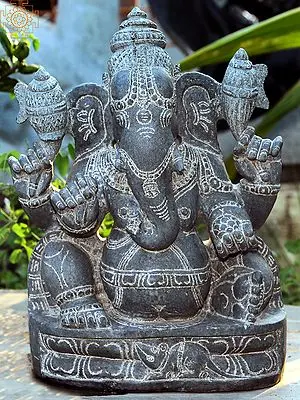 16" Seated Lord Ganesha Granite Sculpture