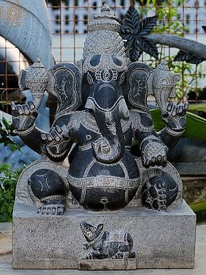 30" Sitting Chaturbhuja Lord Ganesha Stone Statue