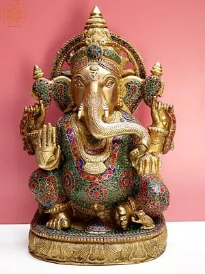 18" Brass Ganesha with Inlay Work