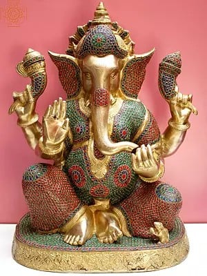 22" Brass Ganesha with Inlay Work
