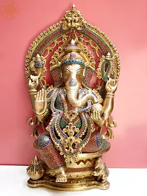 26" Brass King Ganesha Seated on Throne with Inlay Work