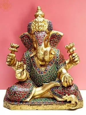 9" Brass Lord Ganesha with Inlay work