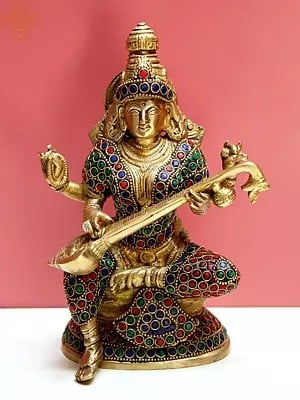 8" Brass Goddess Saraswati with Inlay Work