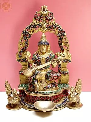 9" Brass Goddess Saraswati with Inlay Work