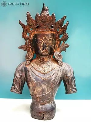 19" Crowned Buddha Bust Idol | Copper Buddha Statue from Nepal